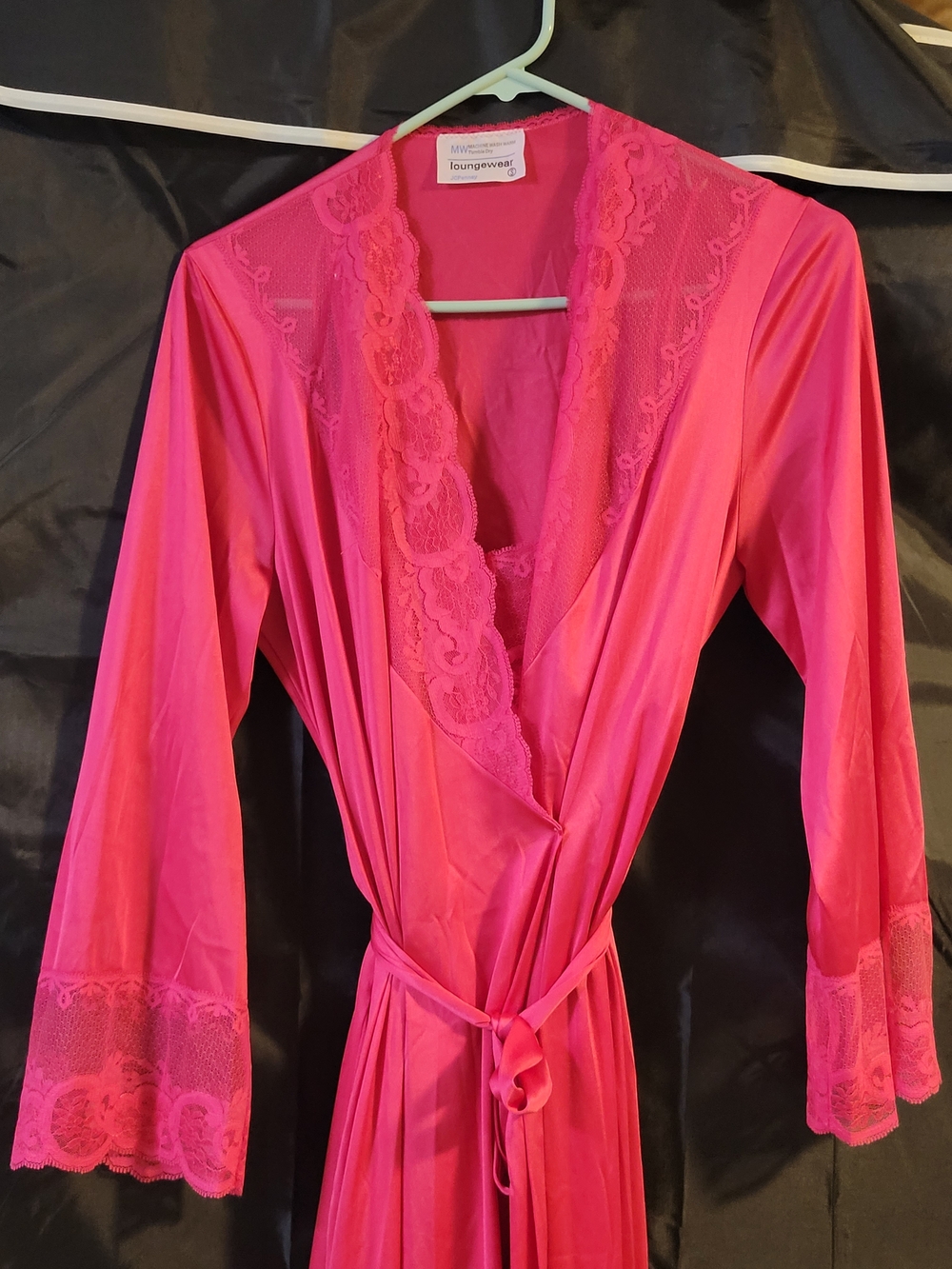 Vintage Jcpenny Loungewear Hot Pink Lace-Trim Robe Lingerie Set Medium